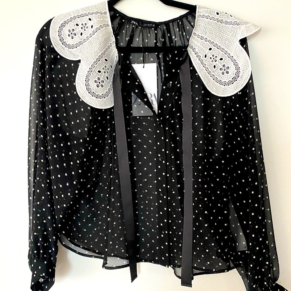 Zara Black and White Polka Dot Lace Collar Shirt Size S NWT